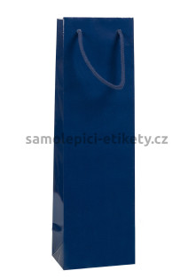 Papírová taška na láhev, 12x9x40 cm, s bavlněnými držadly, modrá lesklá